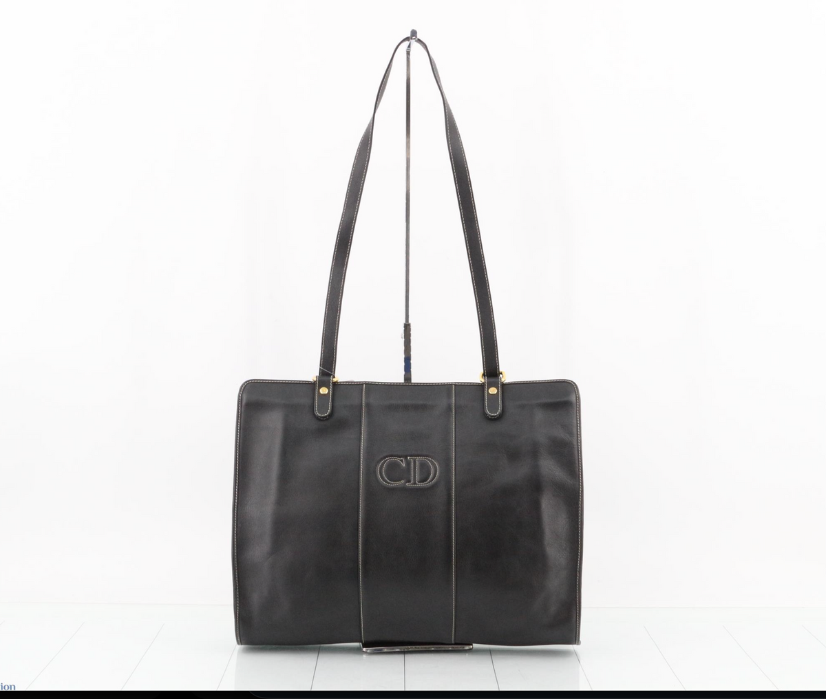 CHRISTIAN DIOR Vintage Black Leather Large Shoulder Bag Embroidered CD Logo