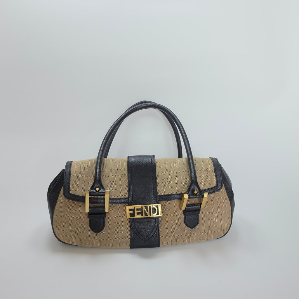 FENDI Zucca Logo Beige Canvas Leather Shoulder Bag