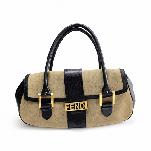 FENDI Zucca Logo Beige Canvas Leather Shoulder Bag
