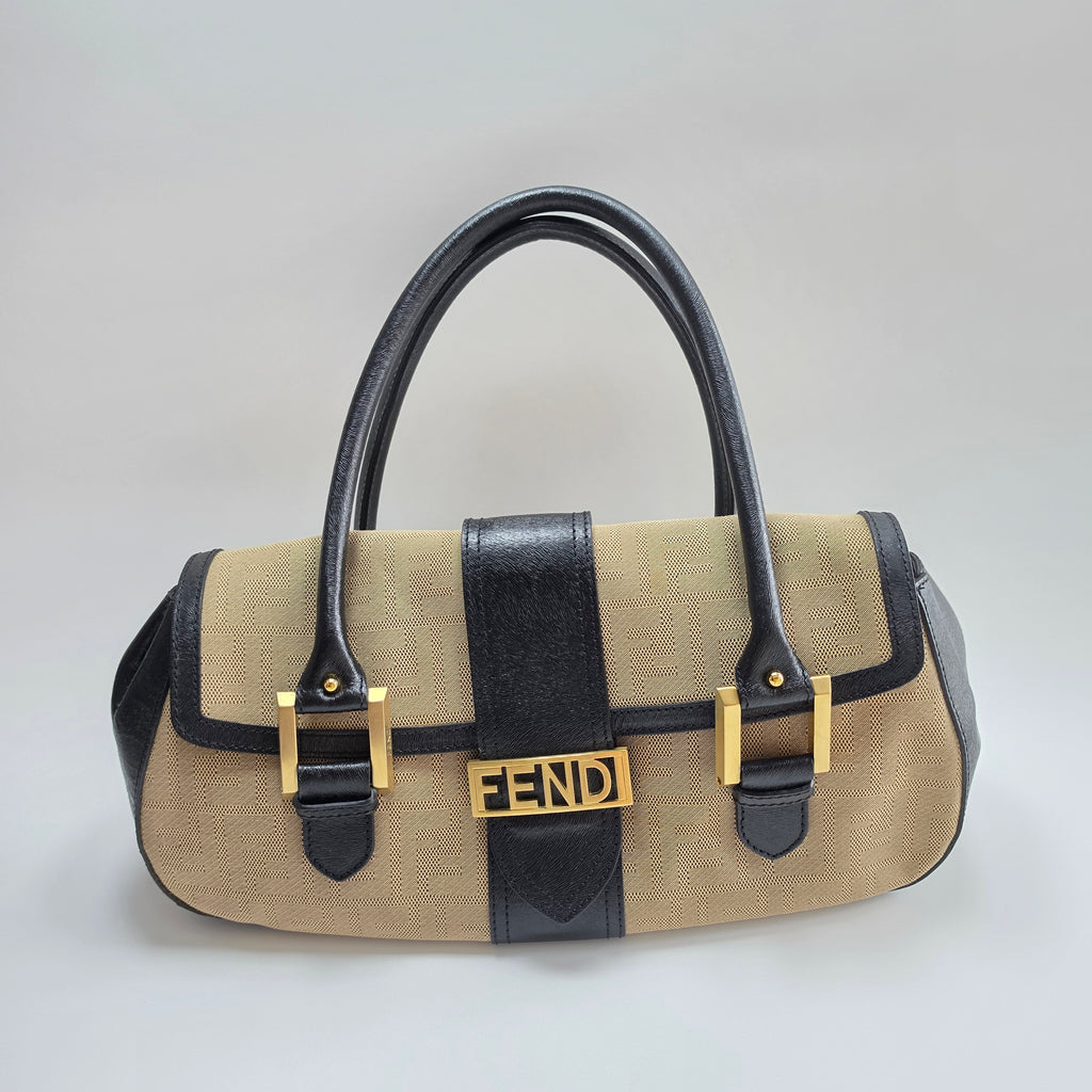 FENDI Zucca Logo Beige Canvas Leather Shoulder Bag